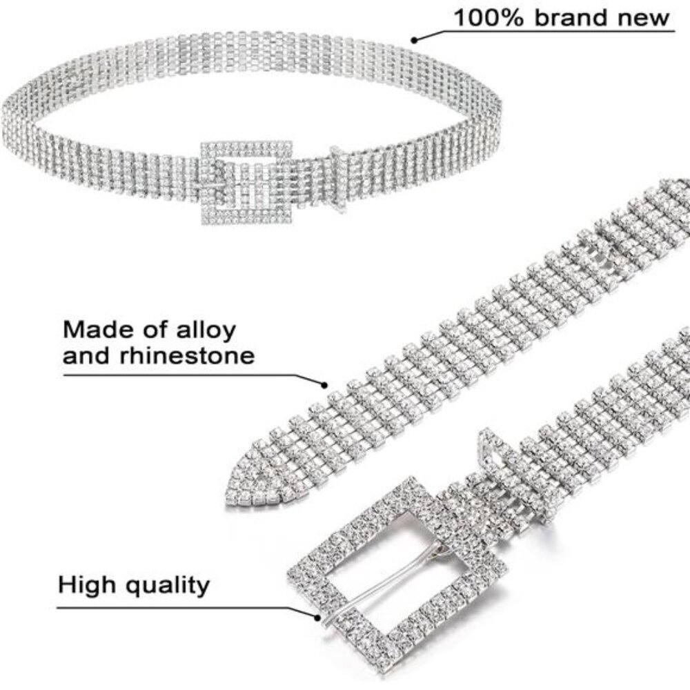 Women Rhinestone Belt Bling Crystal Shiny Waist Dress Belt Silver - Picture 3 of 8